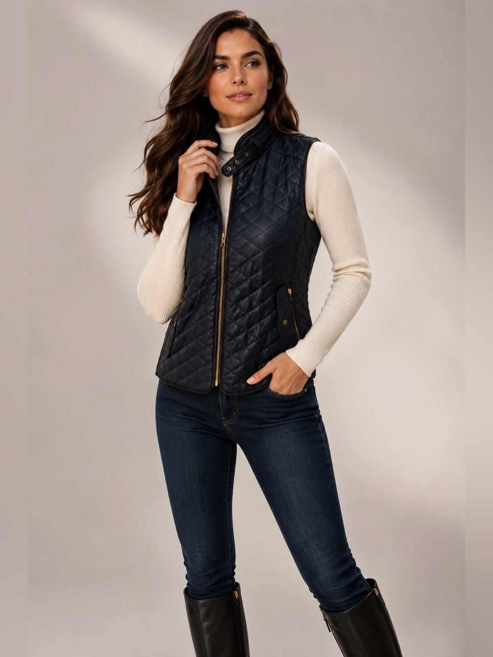Fate Rowan Quilted Faux Leather Vest Midnight Blue Gold Hardware Size M